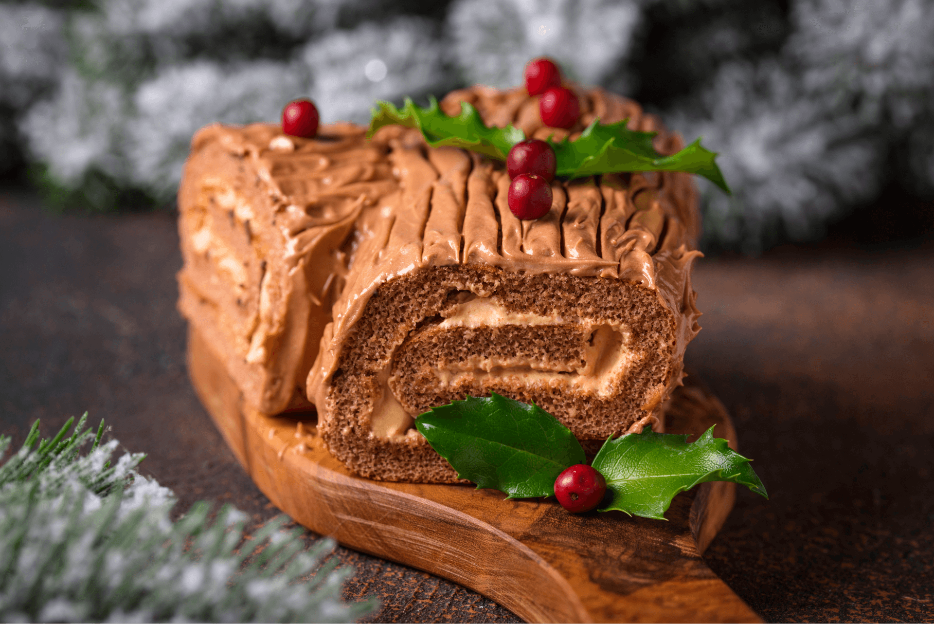 The Yule log-shaped French desserved traditional for the Christmas Eve dinner