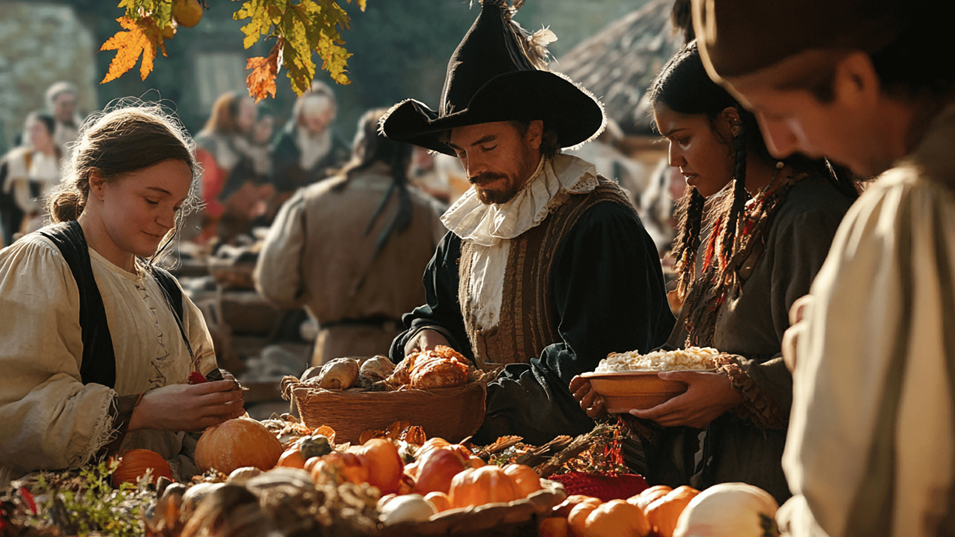 English settlers and Native Americans sharing meals on the first Thanksgiving