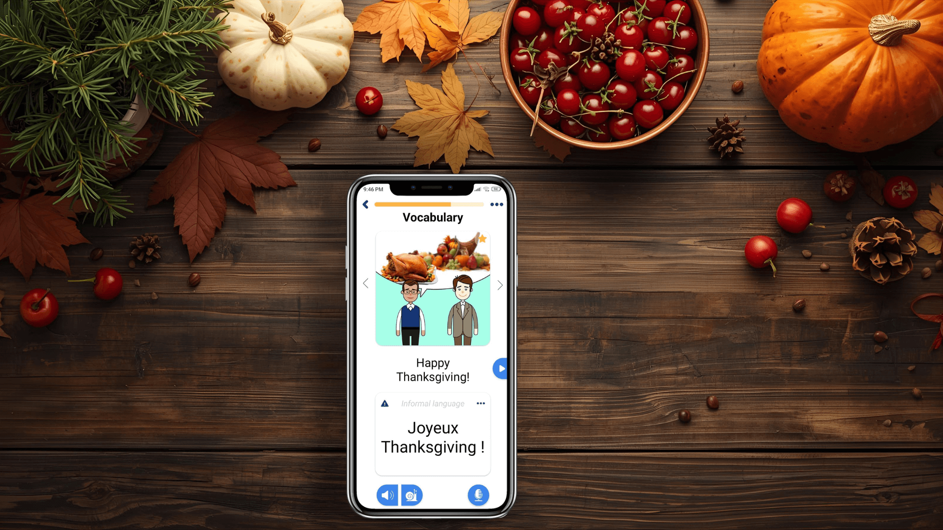 Thanksgiving-themed language learning app displayed on a smartphone screen, featuring FunEasyLearn interface.