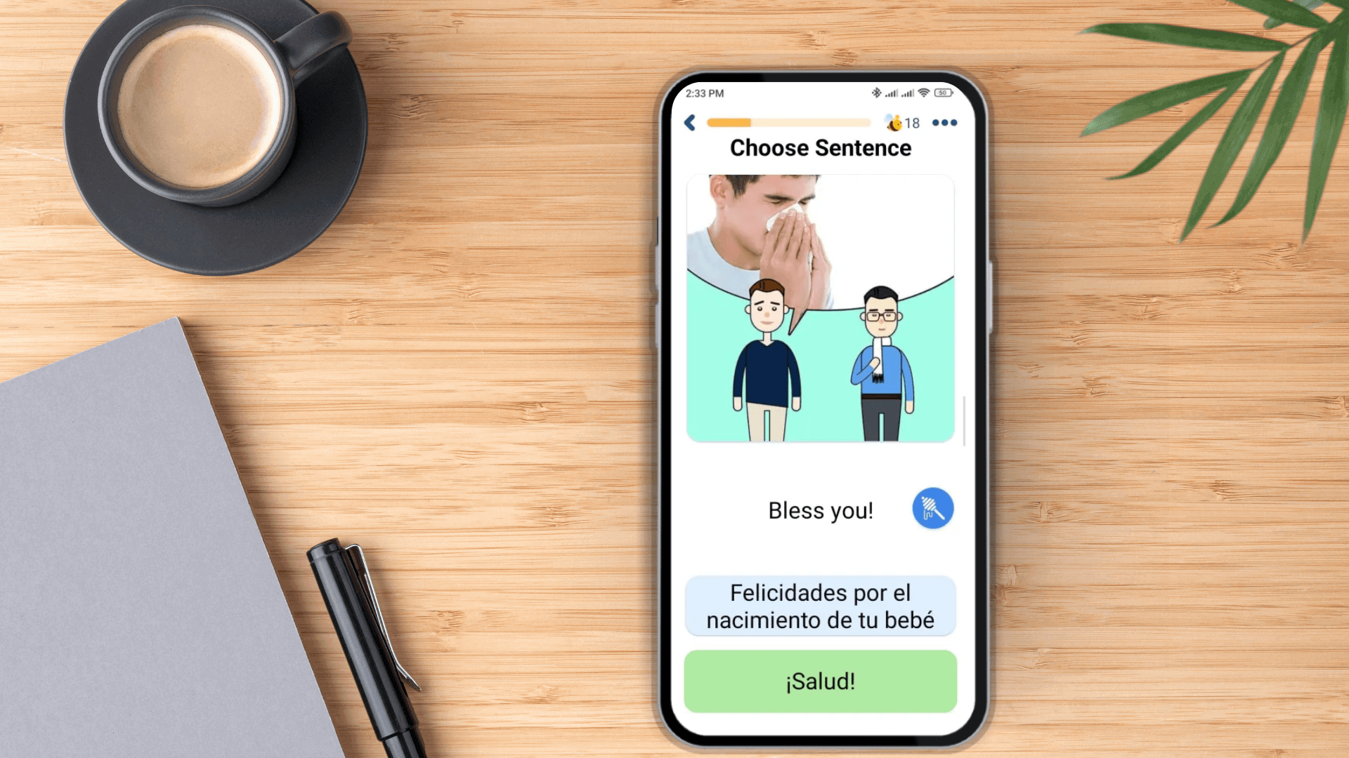 Learning to react to a sneeze in Spanish with FunEasyLearn